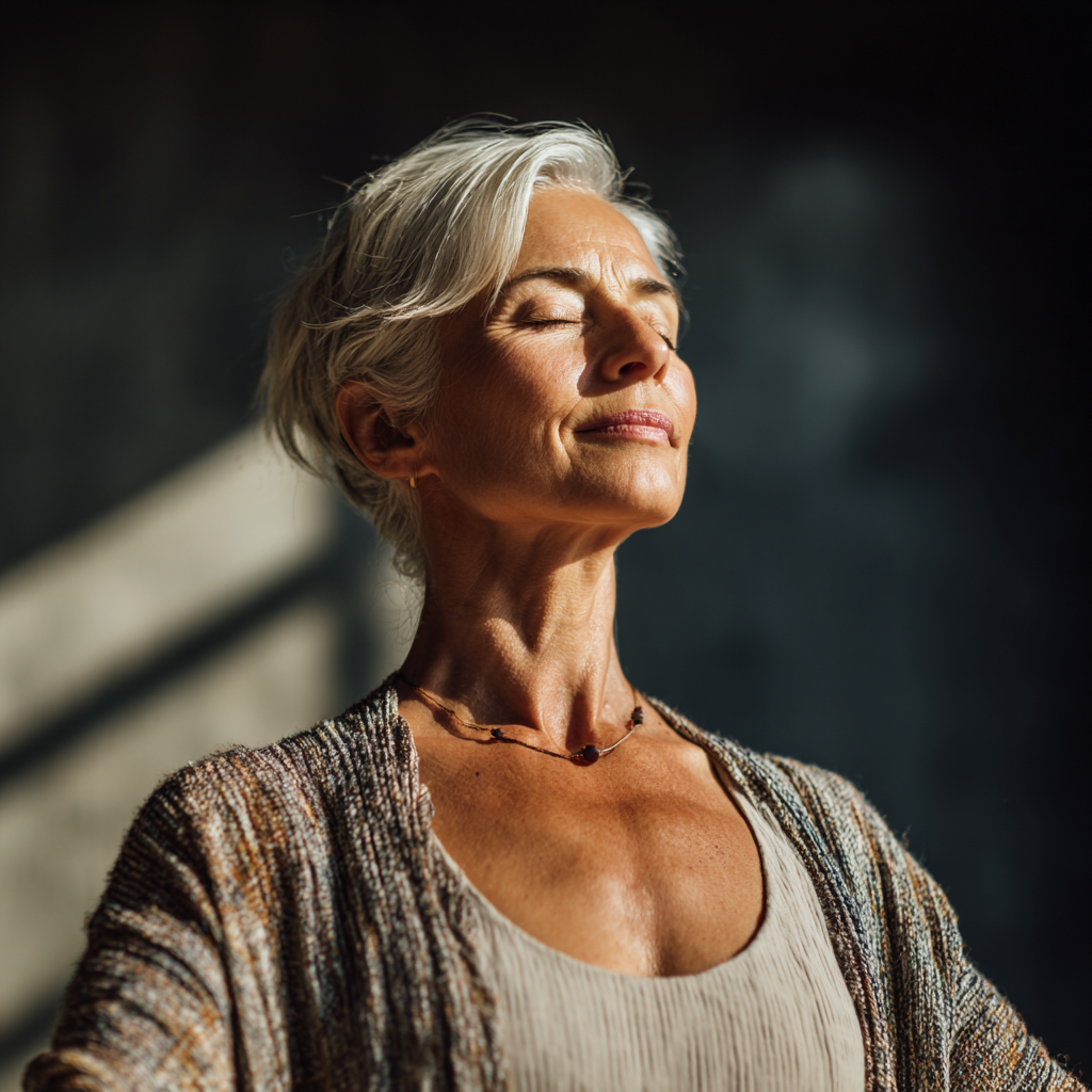 Middle-aged woman practicing gentle yoga poses in natural lighting