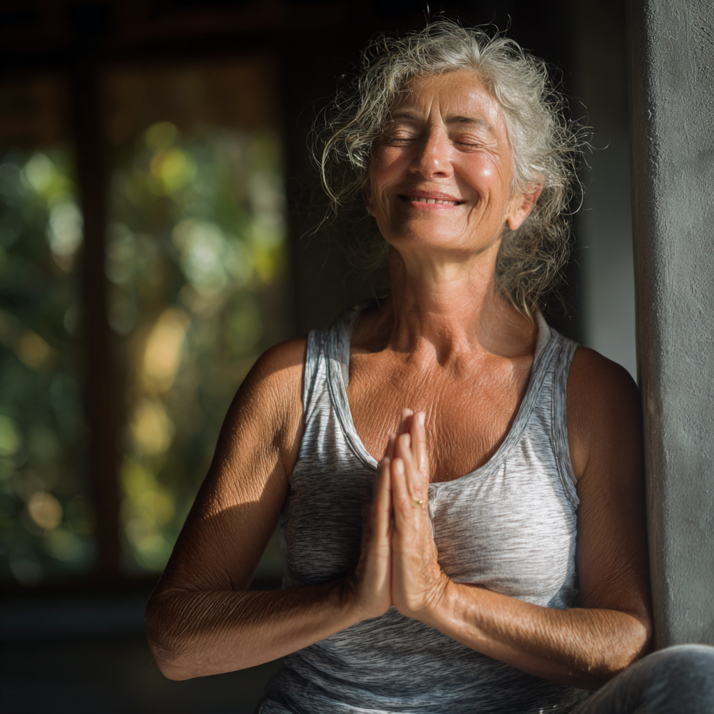 Smiling older woman sharing her positive yoga experience